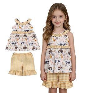 Conjuntos de Ropa para Niñas RTS Boutique Farm Animals Sister, Verano, 95% Algodón, 5% Elastano, Transpirable, Conjuntos de Pantalones Cortos para Niñas Pequeñas - Product Image 1