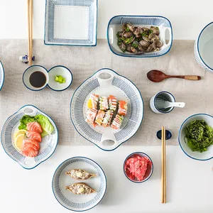 Japanse Stijl Kommen En Borden Blauwe Lijn Patroon Porselein Eco Servies Set Diner Schotel Voor Home Party Restaurant 1693