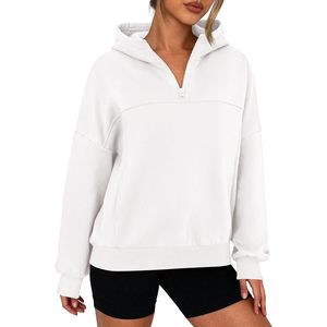 Sweat-shirt à capuche court en polaire pour femme, pull à quart de zip, haut à manches longues, vêtements d'hiver - Product Image 1