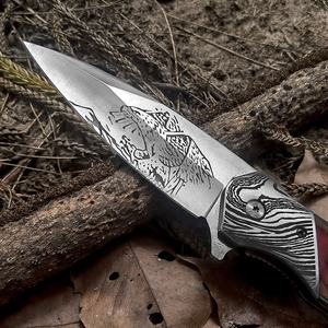 سكين تخييم قابل للطي بمقبض خشبي ملون، يفتح بالانزلاق، 97.5 مم، بحواف ليزرية بنمط النسور، من الفولاذ المقاوم للصدأ ومقاوم للتآكل، تصنيع المعدات الأصلية (OEM) - Product Image 3