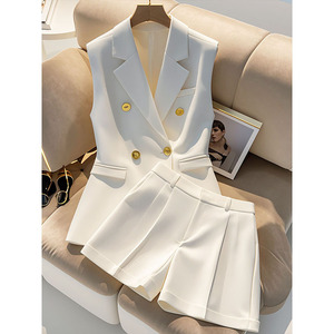 <span class=keywords><strong>Ensemble</strong></span> de costume pour femme d'été, décontracté <span class=keywords><strong>et</strong></span> professionnel, en deux pièces, sans manches, respirant, avec boutons dorés, blanc - Product Image 5