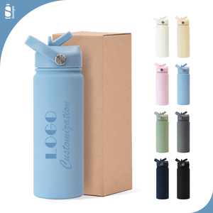 Ba Tường Thép Không Gỉ Chai Nước Màu Xanh Tùy Chỉnh Phích Cup Rò Rỉ Bằng Chứng Uống Chai Với Rơm Cao Su Tráng Bình Chân Không - Product Image 1