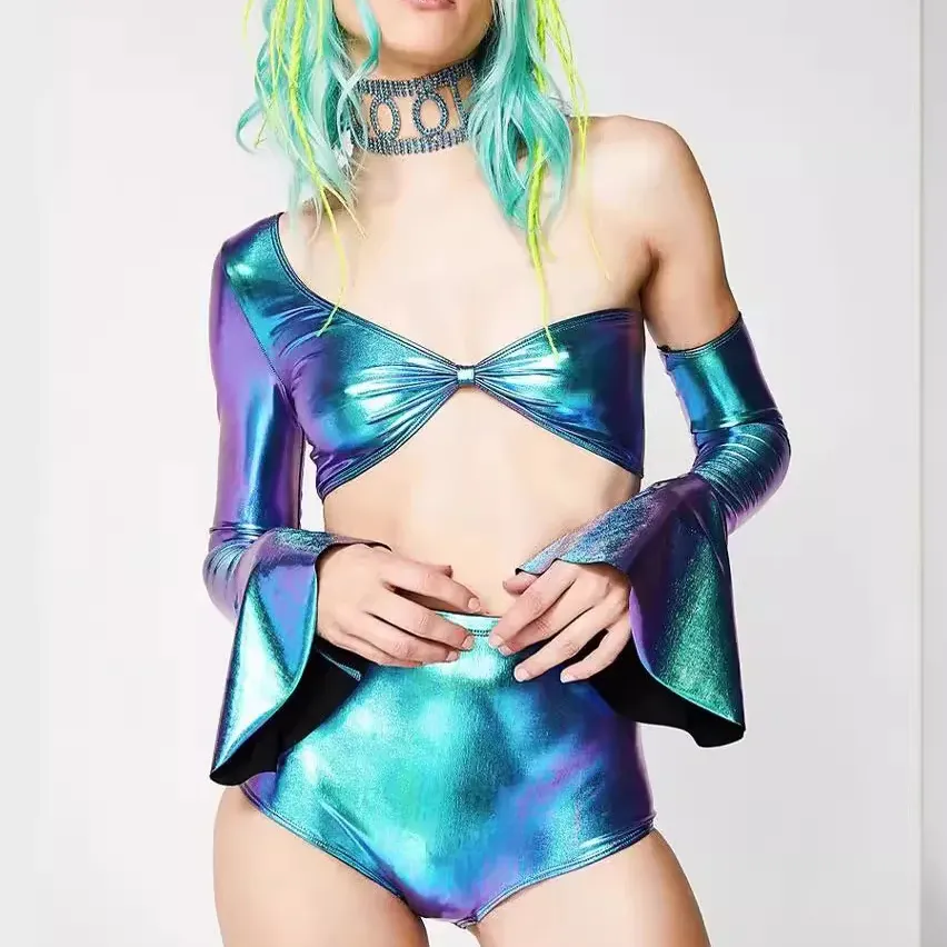 Y2K Summer Aqua Fairy Type Holographic Tube Top Conjuntos de mujer falda Recorte lateral personalizado recortado conjunto de 2 piezas ropa de mujer