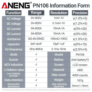 מד זרם צבת ANENG PN106 רב-תכליתי 4000 ספירות דיוק גבוה AC/<span class=keywords><strong>DC</strong></span> מד מתח וזרם רב-תכליתי - Product Image 6