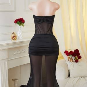 Top court noir sans bretelles en maille patchwork respirant style vintage sexy pour femme, coupe ajustée, à porter seul - Product Image 3