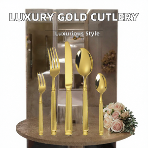 Ensemble de couverts de luxe légers en acier inoxydable pour mariage, design romain moderne, finition miroir dorée, durable, compatible lave-vaisselle, fourchette et couteau - Product Image 2