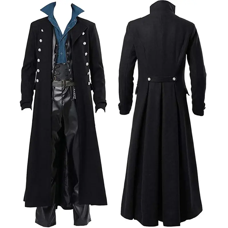 Kostum Cosplay Baru 2022 Pakaian Halloween Abad Pertengahan untuk Pria Gothic Steampunk Tuxedo Jaket Panjang Pria Mantel Trench Hitam