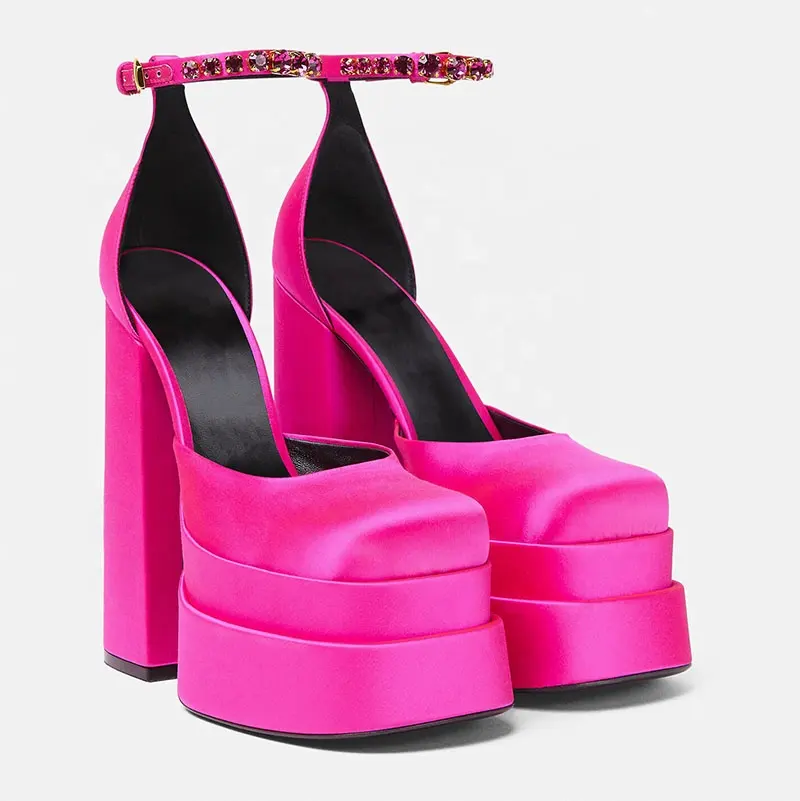 Fashion Luxurious Brand Medusa Handmade Satin & Rhinestone Super High Double Platform Pumps Block Heel Shoes for Women Footwear