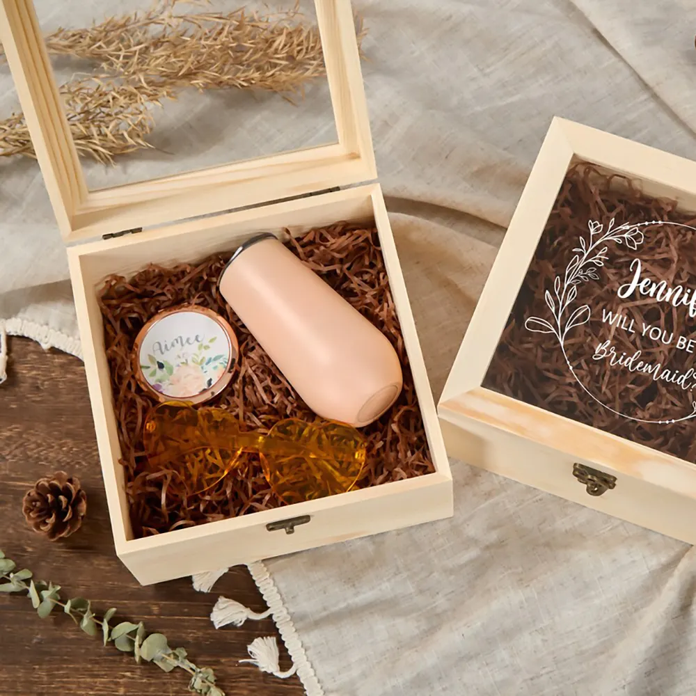 Boîte de rangement de cadeau en bois de pin à couvercle rabattable en acrylique transparent avec logo imprimé en soie personnalisé de style ECO pour le stockage des huiles essentielles