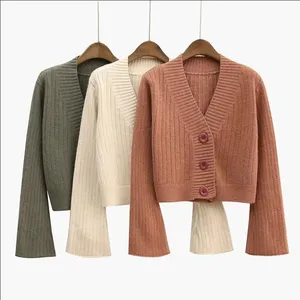 2021 Cardigan mùa thu dài bùng tay áo ngắn áo len phụ nữ Gân Dệt kim cotton Tops đen trắng phụ nữ mềm outwear nữ