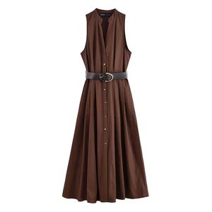 ชุดเดรสลำลองผู้หญิง ระบายอากาศได้ดี สำหรับฤดูร้อน มี 3 สี คอวี แขนกุด ทรงเอไลน์ ความยาวปานกลาง - Product Image 2