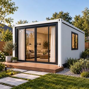 Maison conteneur moderne de forme rectangulaire, extérieur blanc avec grandes fenêtres en verre, utilisation pour bureau à domicile - Product Image 1