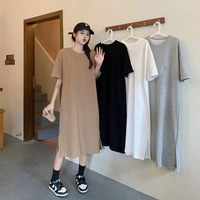 Nouvelle Robe T-shirt Décontractée Grande Taille d'Été Mi-longue Fendue à Manches Courtes, Cache-ventre Ample Amincissante en Mousseline Unie, Style Décontracté