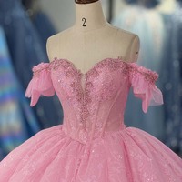 Robe de bal Jancember 6984 rose féerique, style Sweetheart, en tulle et dentelle, avec volants et traîne, pour Quinceañera