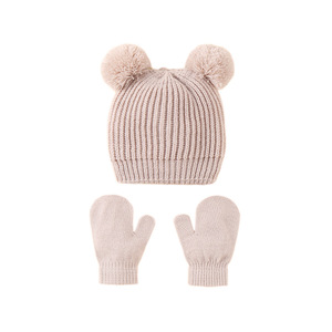 Ensemble bonnet et mitaines en tricot pour bébé, nouveau modèle <span class=keywords><strong>d</strong></span>'<span class=keywords><strong>hiver</strong></span>, deux pompons, mignon, chaud, pour enfants, bonnet de ski, gants pour enfants - Product Image 2