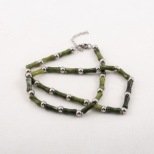 yunnique Modern Fashion Green Imitation Jade Bamboo Beaded Necklace <b>Titanium</b> Steel Men's Clavicle <b>Chain</b> Geometric Plant Pattern - Product Image 4
