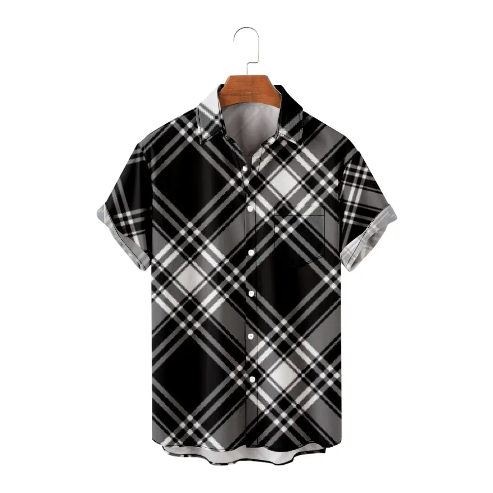 Summer Cotton / Polyester Hawaiian Plaid Button Up / Down Shirt Custom Print Plain Vintage Short Sleeves Shirt With Logo For Men