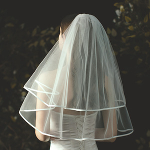 Velo de novia corto de 2 capas con peine, accesorios para el pelo de <span class=keywords><strong>caballo</strong></span> de novia, marfil, <span class=keywords><strong>blanco</strong></span> champán, borde de cinta Simple - Product Image 3