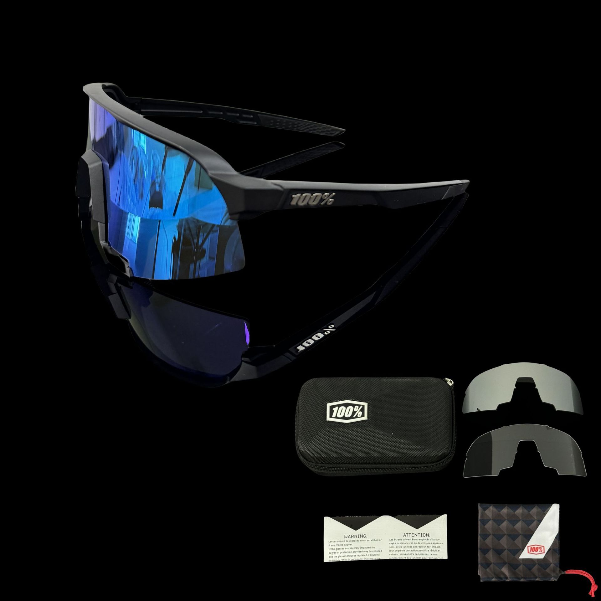 Ensemble de trois lentilles avec cadre noir et film bleu glacier