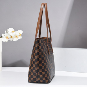 Bolso Tote para Mujer, Diseño a Cuadros Marrón, Estilo Moderno, Forma de Cubo, Cierre de Cremallera, para Uso Diario, Todas las Temporadas - Product Image 3