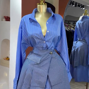 HK73894 Trendy Skirt Set for Women Lapel <strong>Blue</strong> Stripe Long Sleeve Shirt + Short Skirt Sets 2 Piece Outfits for Women Office <strong>Wear</strong> - Product Image 2