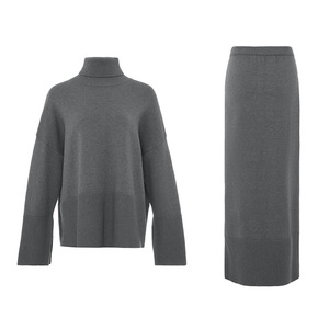 2026 겨울 신상 두꺼운 여성 니트 스커트 슈트 부드러운 2피스 세트 여성 터틀넥 스웨터 와이드 스커트 니트 의상 - Product Image 6
