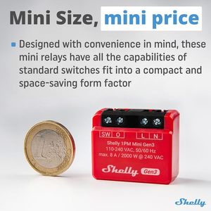 Interruptor inteligente Shelly 1PM Mini Gen3 | WiFi 1 canal 8A | Clasificación IP20 | Montado en la Pared | <span class=keywords><strong>Alexa</strong></span>/Google Home | Control de aplicaciones | Sin concentrador - Product Image 2