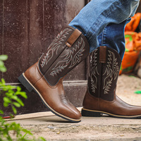 Bottes de cowboy faites à la main pour hommes broderie Western bout carré mi-mollet mâle en cuir Pu sans lacet bottes à bout pointu Zapatos Hombre