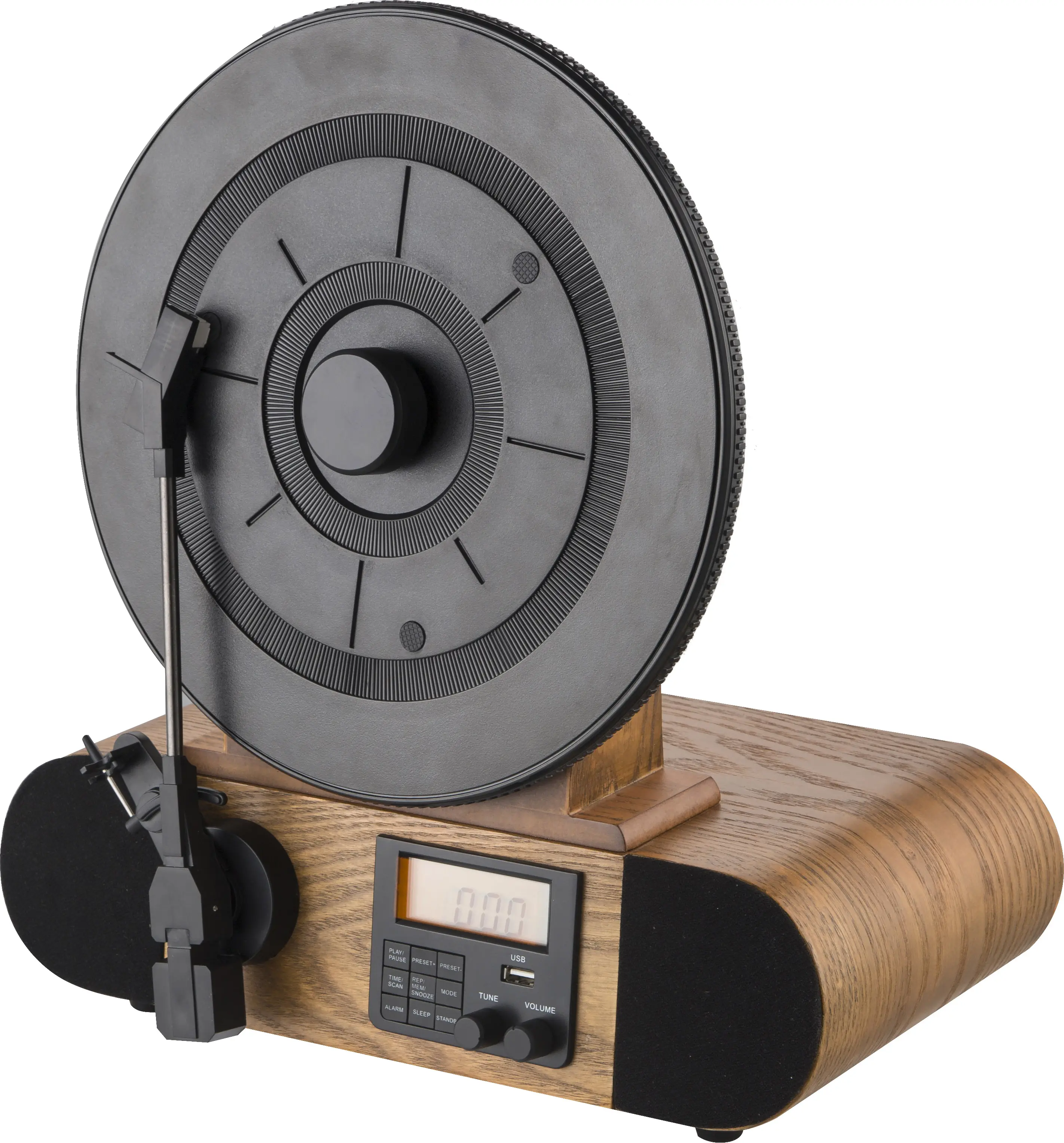 Plateau tournant en bois fait à la main avec fonction réveil, radio FM, lecteur USB