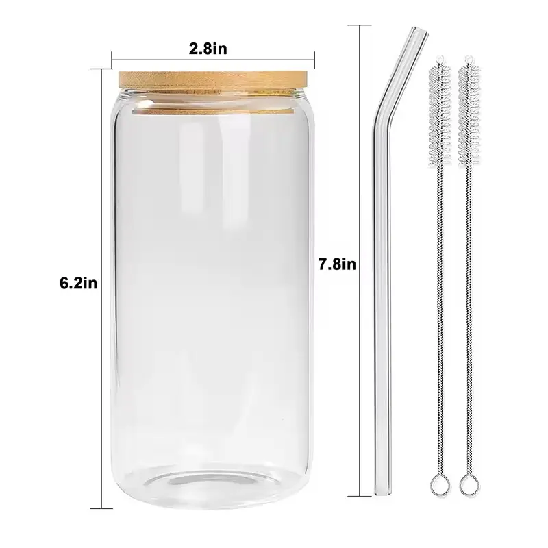 Warehouse Ready To Ship Drinking Glass 16 oz Can Shaped Boba Tea Glass Beer Can Cups with Bamboo Lids and Glass Straws