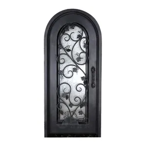 Professional Supplier Front House Double Main Entrance Door Entry Safety Security Round Wrought Iron Glass Doors