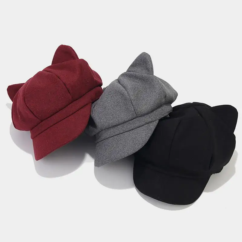 Moda Cat Ear Cap Octogonal para As Mulheres Solid Plain Lã Sentiu Newsboy Cap Outono Inverno Artista Pintor Boina Chapéu