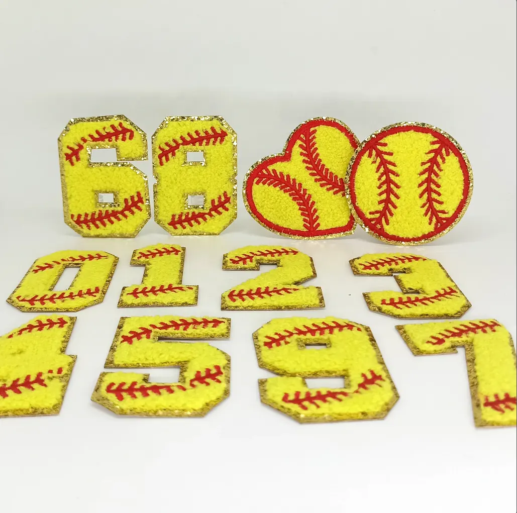 Parches de letras deportivas de Softball para niño, letras y números de béisbol, chenilla, apliques de color blanco y amarillo de 2,75 pulgadas, parche brillante dorado