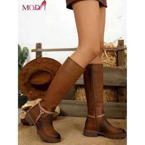 Botas Altas de Mujer Mod, Color Marrón, Cuero Sintético, Cierre de Cremallera, Tachuelas, Tacón Grueso, Antideslizantes, para Otoño, Invierno, Oficina, Uso Diario - Product Image 3