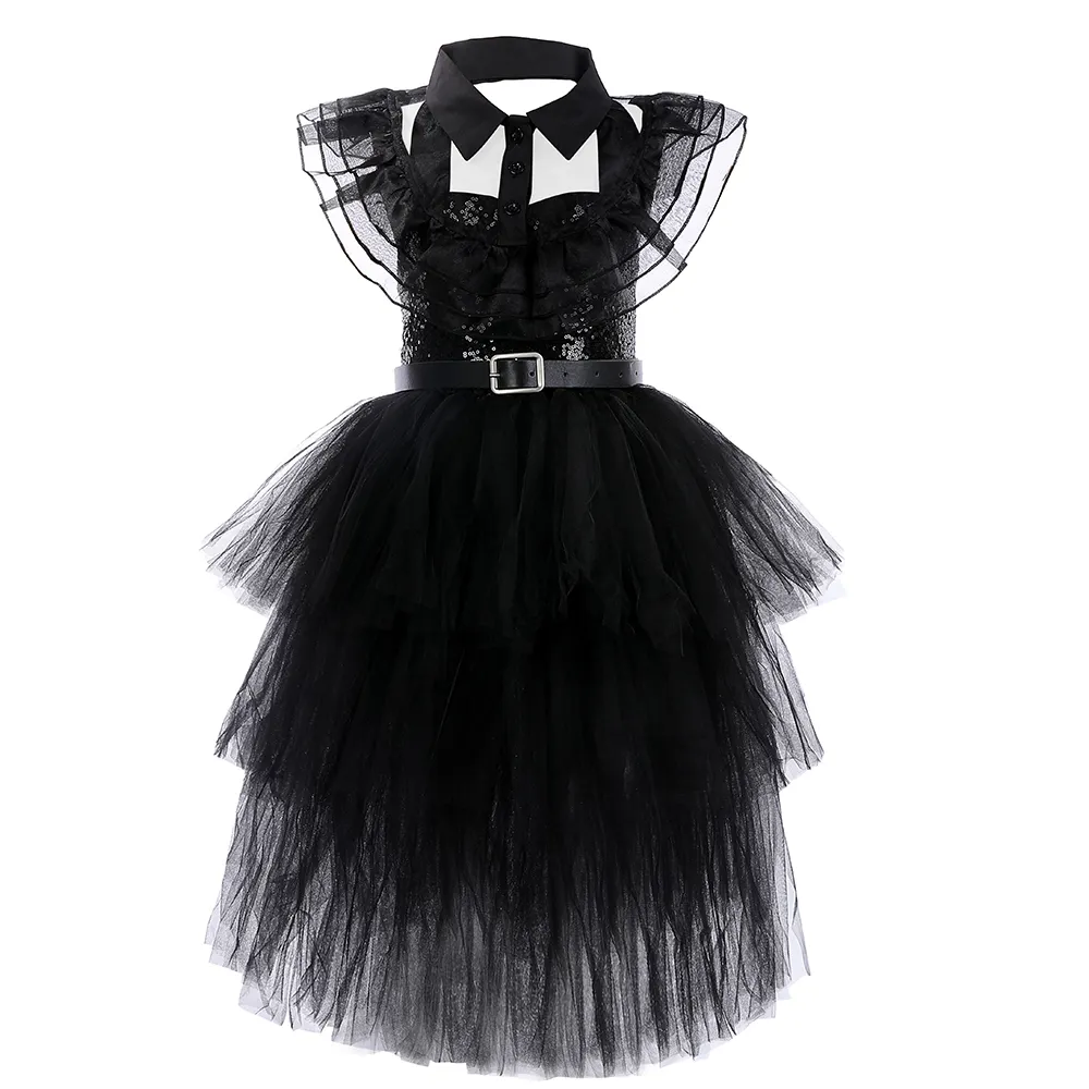 Newest Wednesday Cosplay Dress Coswear Animation Tutu Gown Halloween Wednesday Addams Costume Disguise Girl Dress