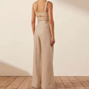 Conjunto de Lino al Por Mayor a Bajo Precio: Top Corto Sexy para Mujer y Pantalones Anchos de Lino de Talle Alto Casuales para Mujer - Product Image 4