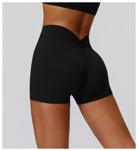 Shorts <span class=keywords><strong>de</strong></span> yoga <span class=keywords><strong>de</strong></span> cintura alta con pliegues fruncidos y diseño plisado para <span class=keywords><strong>mujer</strong></span>, ideales para correr al aire libre y fitness. - Product Image 4