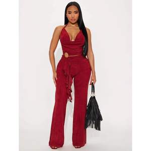 Ensemble deux pièces rouge personnalisé 2026 pour femme, haut dos nu et pantalon à nouer, tenue de soirée sexy en tissu crêpe respirant - Product Image 3