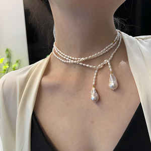 Natural <b>Freshwater</b> <b>Pearl</b> Rice Beads Fringed Long Winding 925 Silver Vintage Sweater Chain for Wedding Engagement Party - Product Image 1