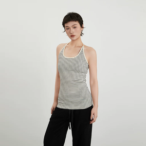 Débardeur Femme Personnalisé Rayé en Coton Élasthanne, Débardeur Court Tricoté pour Femme, Gilet Décontracté d'Été pour Fitness, Débardeur Racer pour Femme - Product Image 1
