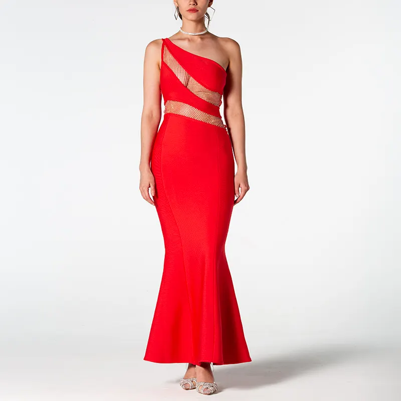 Robe de bal à une épaule pour femme, robe moulante d'été, robe longue rouge sexy en forme de sirène