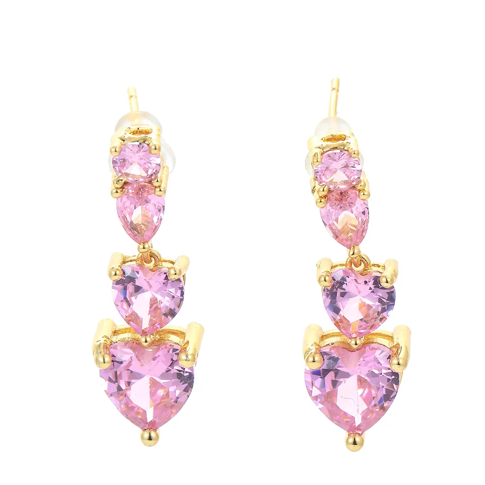 EYIKA Trendy Women Cute Girls Jewelry Heart Shaped Cubic Zirconia Drop Earrings Pink Stone Gold Plated Dangle Earrings