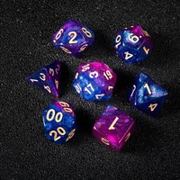 Ensemble de 7 dés en acrylique personnalisés, bleu et violet, à paillettes, polyédriques, pour jeux de table Dungeons & Dragons, avec numéros dorés