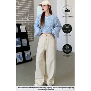 Jeans Crème à Jambes Larges pour Femmes, Mode Luxe Funky, Taille Haute, Coupe Ample, Tissu Écologique, Denim, Taille 26-40 OSCA - Product Image 3