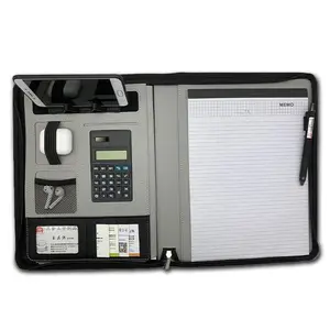 China Custom OEM Decorative File Folder PU Leather Nice Style Packing School Office Black Design Feather With Calculator