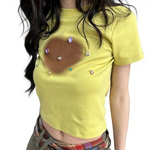Custom Women Rhinestone Crop Top <b>T</b> <b>Shirt</b> Round Neck Short Sleeve Slim <b>Fit</b> Y2K Fashion Tee <b>Cropped</b> Streetwear Top Custom Logo - Product Image 4