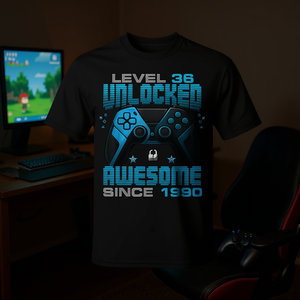 Camiseta de juego Level 36 Unlocked Awesome Since 1990 para el 36.º cumpleaños - Product Image 3