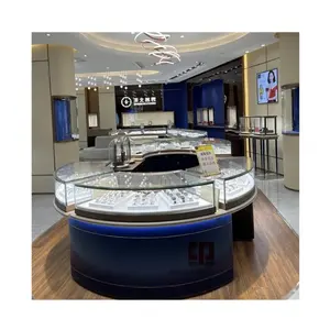 Espositore di gioielli di lusso personalizzato vetrina con Display in metallo rotondo blu vetrina con Display in vetro per gioielleria