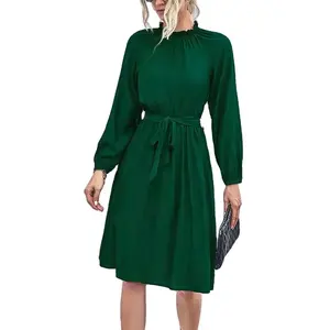 Gaun selutut elegan untuk wanita, gaun lengan panjang warna polos, gaun renda leher bulat elegan musim semi mode baru