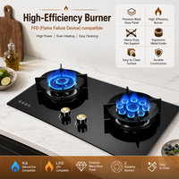 Table de cuisson encastrable 2 brûleurs GPL/GN pour usage domestique et hôtelier, surface en verre trempé, bouton métallique, allumage électronique, classe A